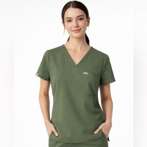 FIGS Catarina One Pocket Scrub Top XXS Dark Olive Moss Green FIONx Technical